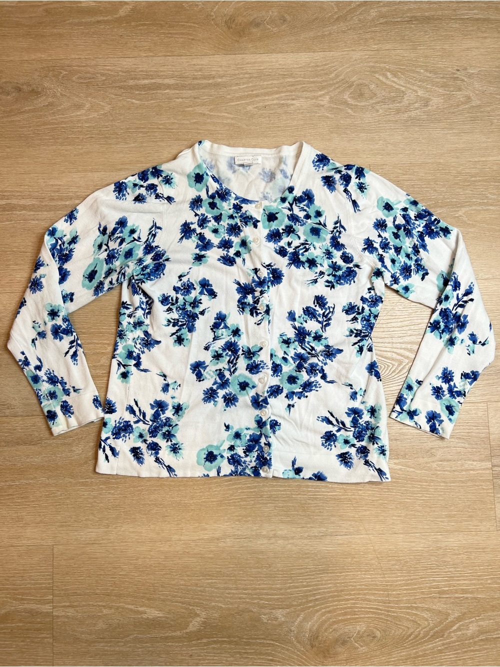 Charter Club, Blue Multi Floral Button Down Cardigan Rayon Nylon, Women’s Large